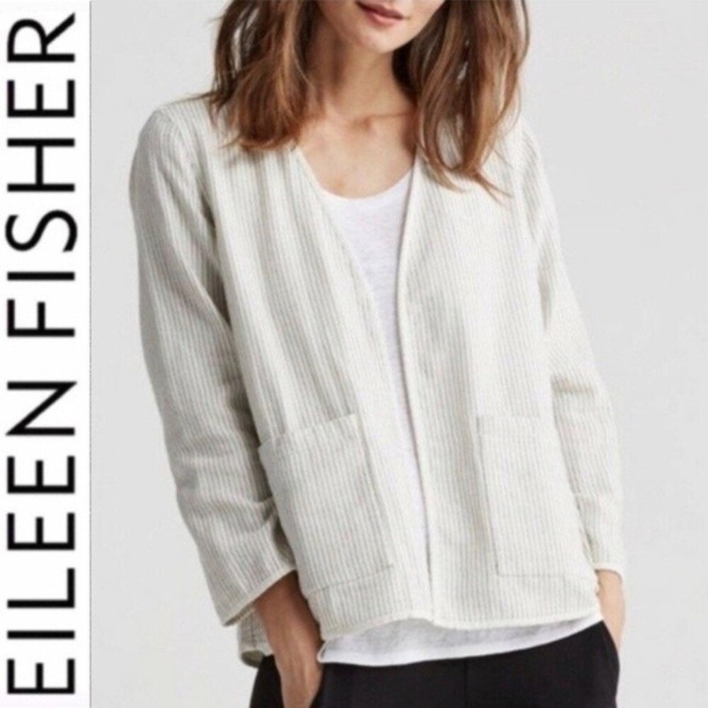 EILEEN FISHER REVERSIBLE COTTON KIMONO JACKET M Open Front Lagenlook Blazer - Picture 3 of 13